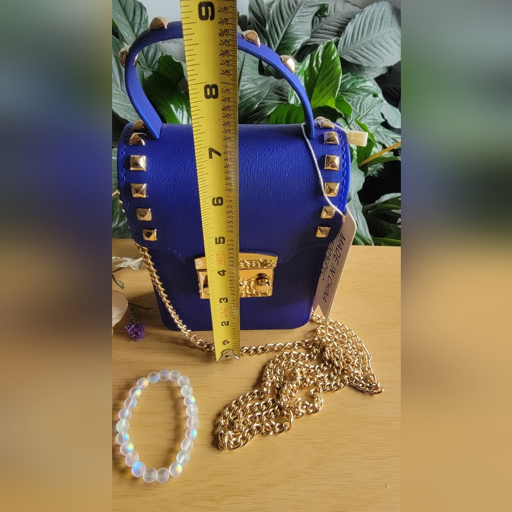 LA MIEL True Blue and Gold Studded Crossbody Bag & Rainbow Moonstone Bracelet. - Picture 9 of 12